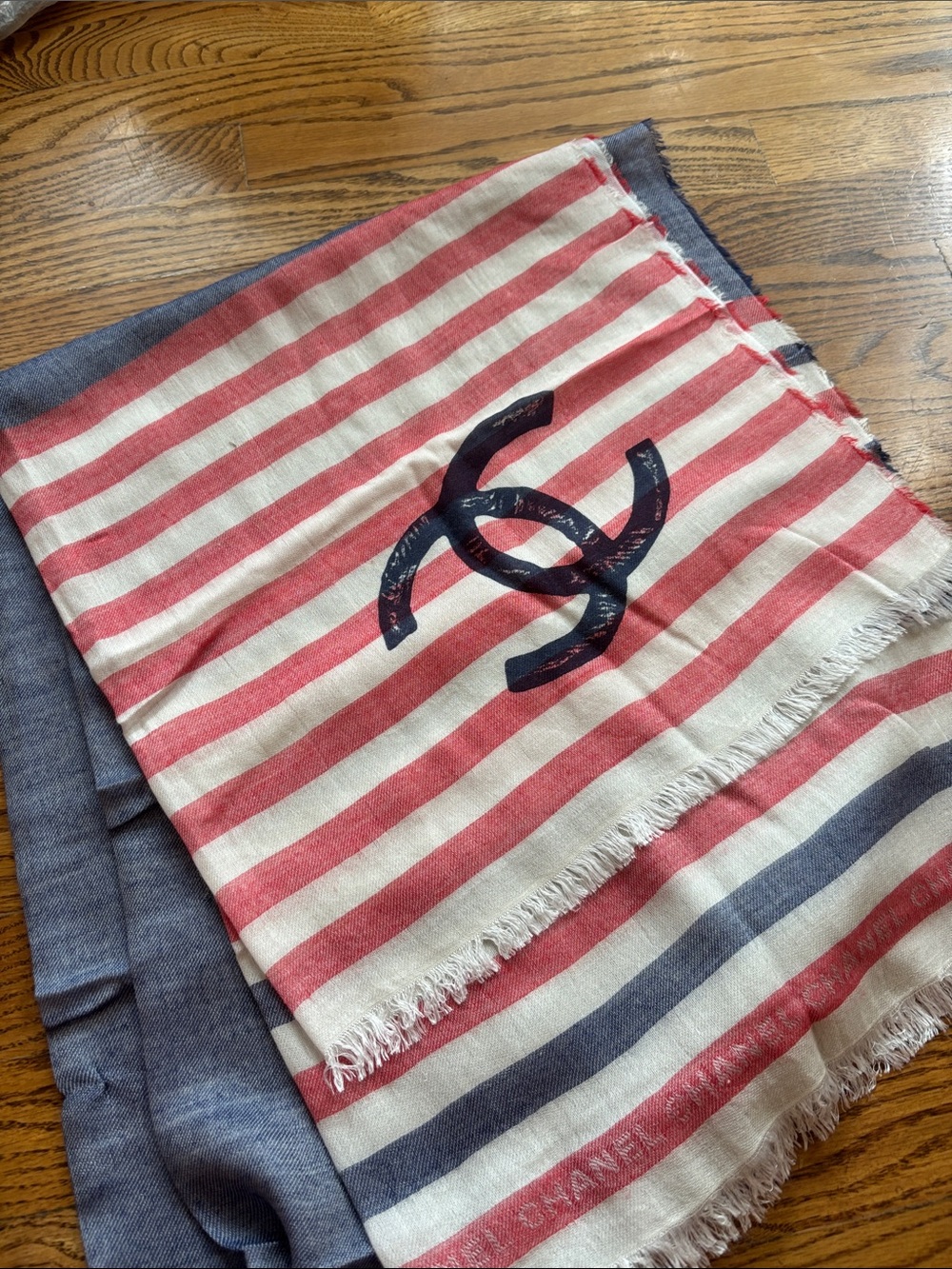 CHANEL Red, White & Navy Striped CC Logo Scarf